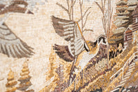 Intricate mosaic artwork featuring birds in flight — warm earthy tones with detailed textures and natural patterns.