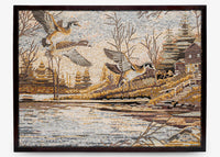 Intricate mosaic artwork depicting flying ducks over a serene lake, framed in rich wood with earthy tones and detailed textures.