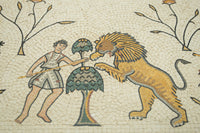 Intricate mosaic artwork depicting a warrior confronting a lion amidst floral motifs — vibrant colors and detailed craftsmanship.