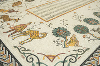 Intricate mosaic art featuring vibrant colors and detailed figures, showcasing a historical scene with animals and trees