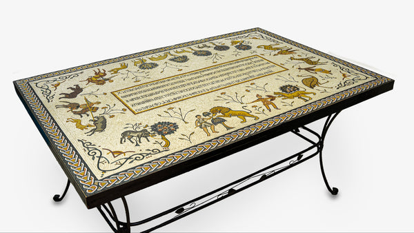 Intricate mosaic coffee table featuring a vibrant design of mythical creatures and floral motifs on a sturdy black metal frame