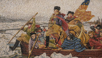 Vivid mosaic artwork depicting a historical scene with figures in period attire navigating icy waters — rich textures and colors enhance the storytelling.