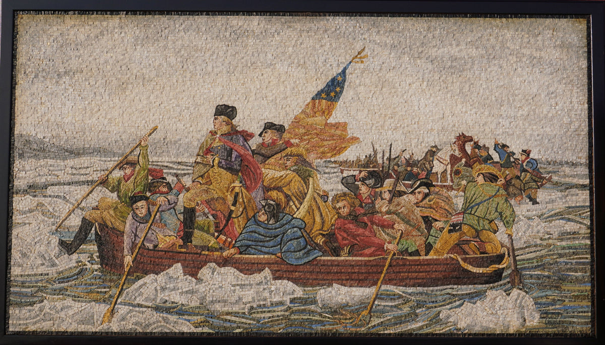 Detailed tapestry depicting a historical scene of a group of men in a boat navigating icy waters with flags waving.