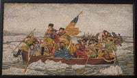Detailed tapestry depicting a historical scene of a group of men in a boat navigating icy waters with flags waving.