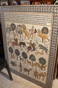 Intricate mosaic artwork featuring vibrant scenes of animals and nature — a detailed depiction of ancient craftsmanship.