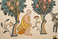 Intricate mosaic artwork depicting a seated figure in a yellow robe surrounded by lush trees and vibrant flowers