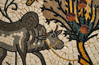 Intricate mosaic artwork featuring a grey cow beside a vibrant tree adorned with colorful flowers and textured tiles.