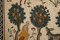 Intricate mosaic art featuring a seated figure beside lush trees adorned with colorful fruits — a detailed historical depiction.