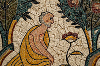 Intricate mosaic artwork depicting a seated figure in a yellow robe, surrounded by lush greenery and floral details.