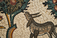 Intricate mosaic artwork featuring a stylized goat in earthy tones surrounded by lush foliage details and vibrant floral elements