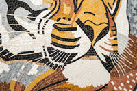 Intricate mosaic artwork featuring a tiger's face with vibrant orange and black tiles — showcasing detailed craftsmanship and texture.