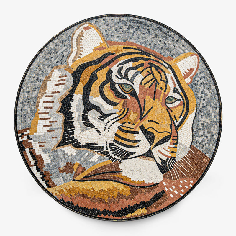 Intricate mosaic tiger artwork featuring warm earth tones and detailed textures — a stunning round wall decoration.