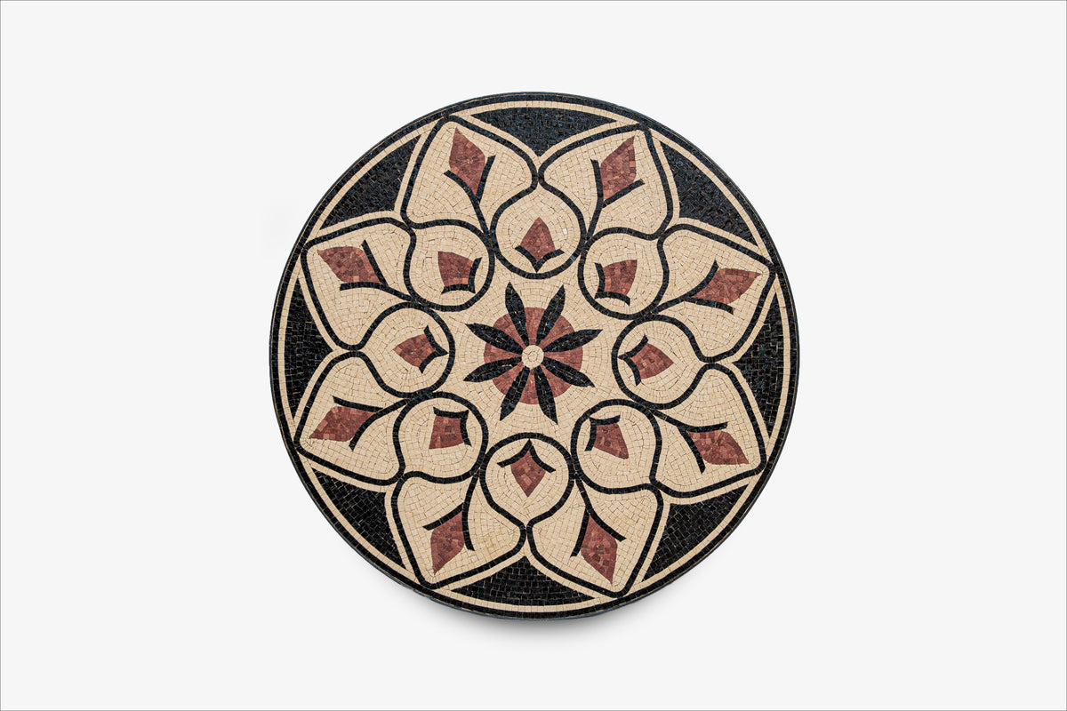 Intricate mosaic tabletop featuring a floral pattern in earthy tones of cream, brown, and black — perfect for enhancing decor.