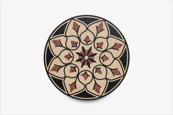 Intricate mosaic tabletop featuring a floral pattern in earthy tones of cream, brown, and black — perfect for enhancing decor.