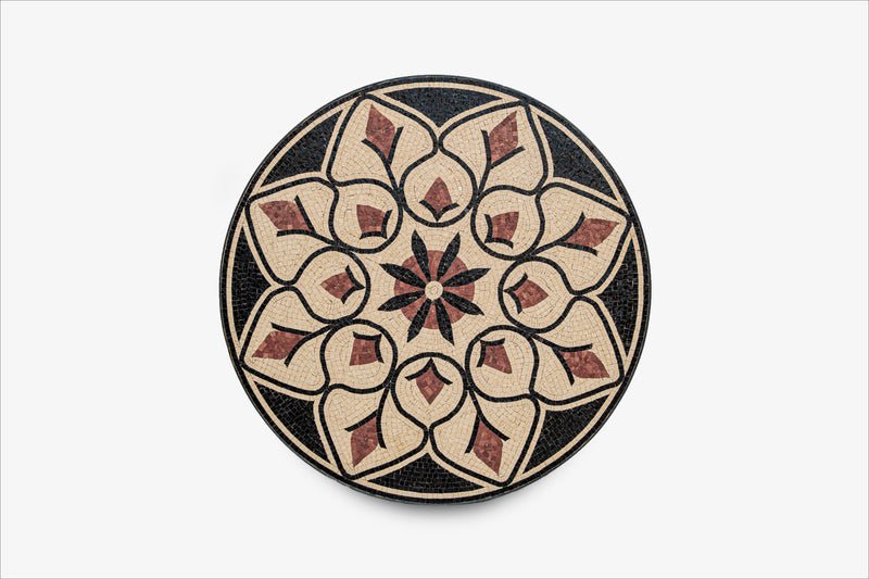 Intricate mosaic tabletop featuring a floral pattern in earthy tones of cream, brown, and black — perfect for enhancing decor.