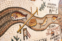 Intricate mosaic artwork featuring stylized fish and a fishing scene on a textured background — vibrant colors and detailed craftsmanship