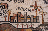Intricate mosaic artwork depicting a historical cityscape with palm trees and architectural details in earthy tones