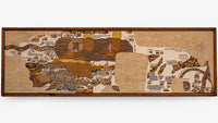 Intricate wall art map depicting a vintage landscape in earthy tones — a unique textile piece with detailed illustrations.