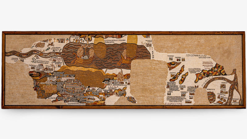 Intricate wall art map depicting a vintage landscape in earthy tones — a unique textile piece with detailed illustrations.