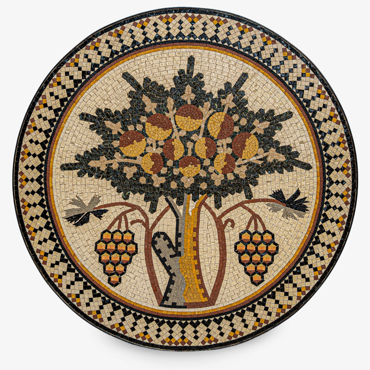 Intricate mosaic art piece featuring a tree with acorns and grapes, set against a geometric patterned border.