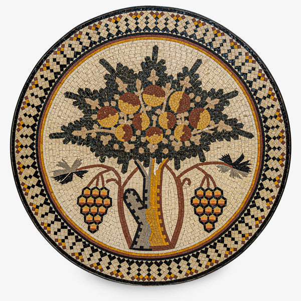 Intricate mosaic art piece featuring a tree with acorns and grapes, set against a geometric patterned border.