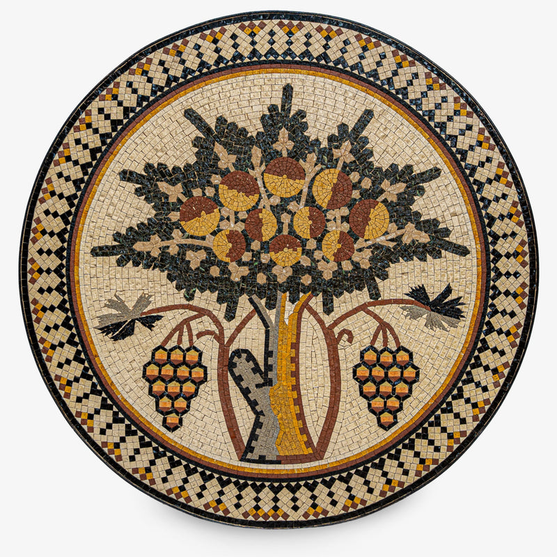 Intricate mosaic art piece featuring a tree with acorns and grapes, set against a geometric patterned border.