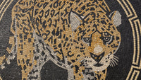 Intricate mosaic featuring a leopard design in earthy tones of gold and black — showcasing detailed craftsmanship and texture.