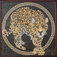 Intricate mosaic art featuring a golden leopard on a black background — showcasing detailed craftsmanship and vibrant colors.