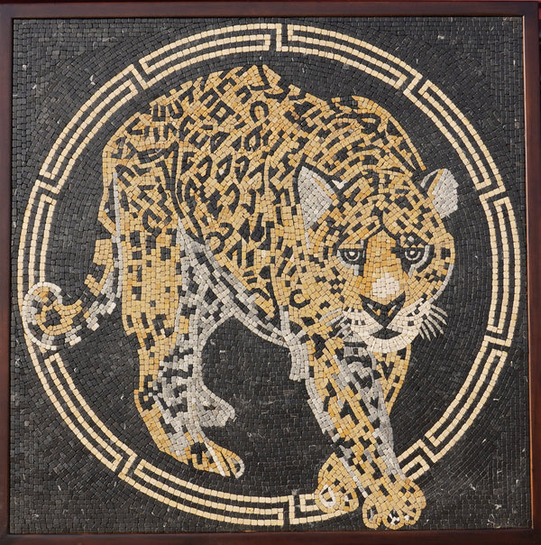 Intricate mosaic art featuring a golden leopard on a black background — showcasing detailed craftsmanship and vibrant colors.