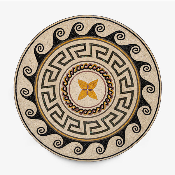 Intricate round mosaic table top featuring a geometric pattern in earthy tones with a central floral design and black accents