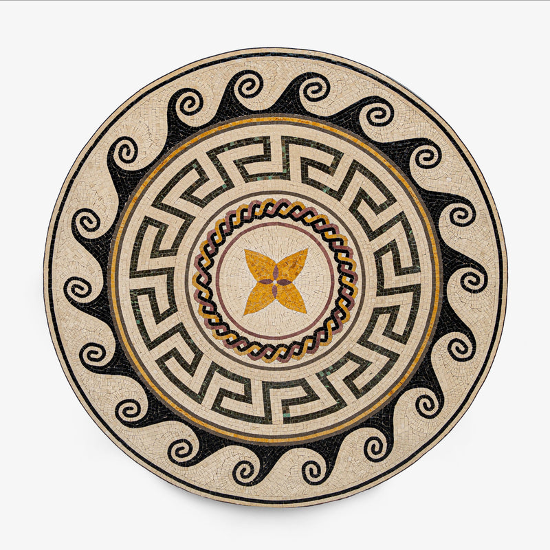 Intricate round mosaic table top featuring a geometric pattern in earthy tones with a central floral design and black accents