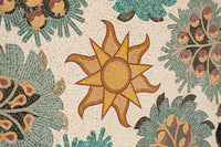 Intricate mosaic sun design with vibrant orange and yellow hues surrounded by lush teal floral patterns on a textured background