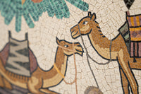 Intricate mosaic featuring two camels in warm earthy tones — showcasing detailed craftsmanship and artistic design.