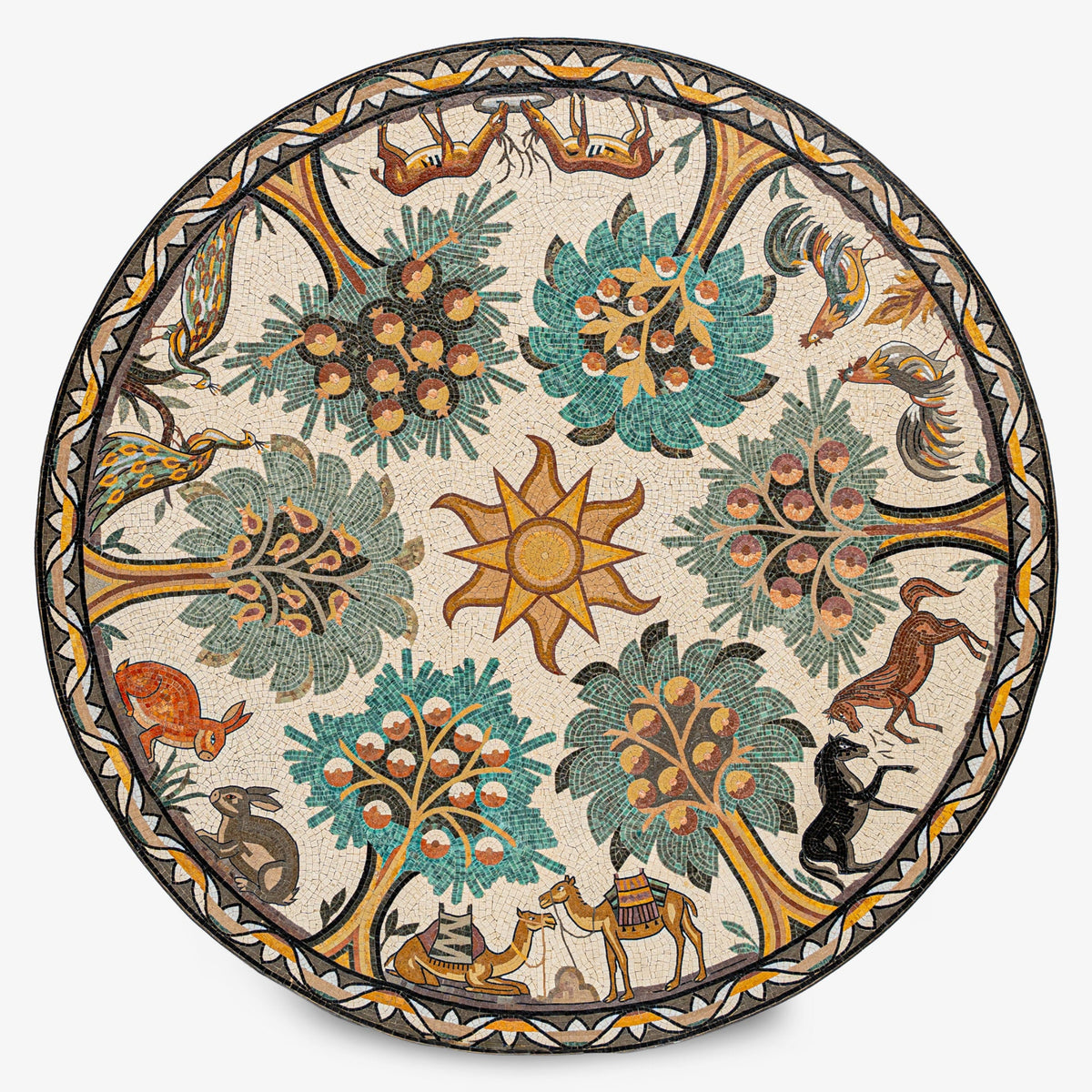 Intricate round mosaic featuring vibrant trees and animals in earthy tones — a stunning depiction of nature's harmony.
