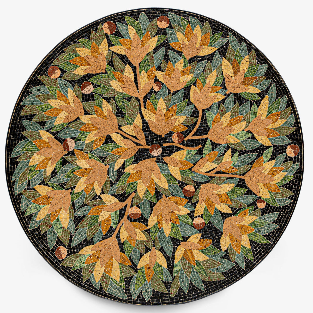 Intricate mosaic table featuring autumn leaves in earthy tones — a stunning centerpiece with a textured black background.