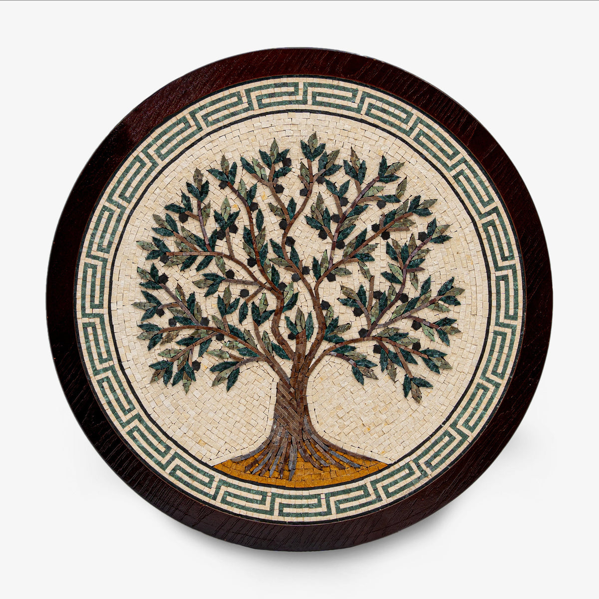 Intricate mosaic wall art featuring a detailed tree design with green leaves on a cream background — set within a circular wooden frame.