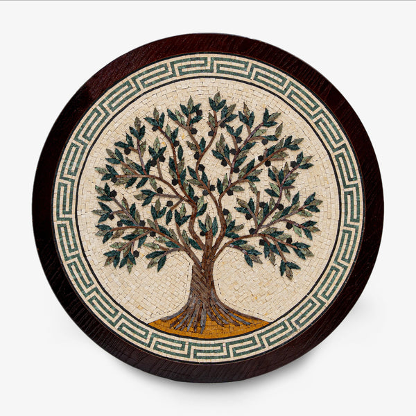 Intricate mosaic wall art featuring a detailed tree design with green leaves on a cream background — set within a circular wooden frame.