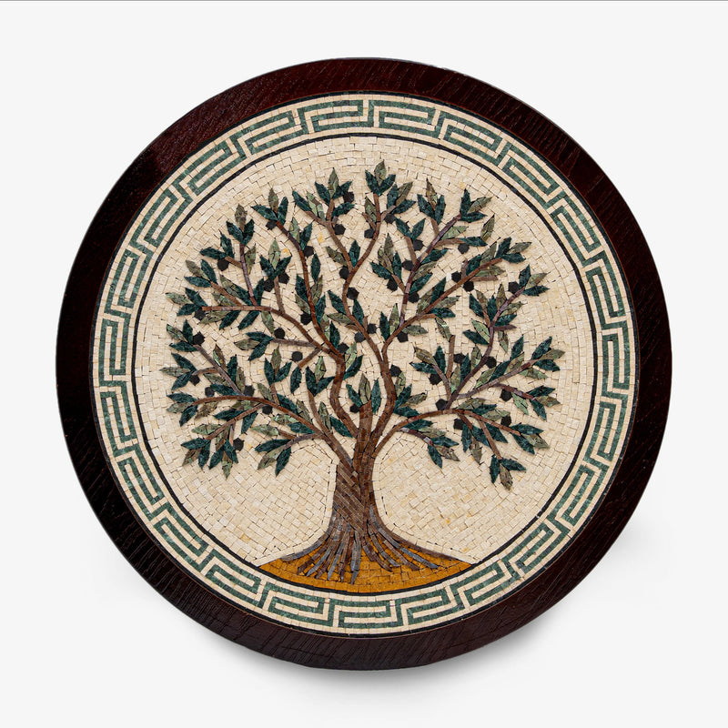 Intricate mosaic wall art featuring a detailed tree design with green leaves on a cream background — set within a circular wooden frame.