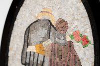 Intricate mosaic artwork featuring a couple embracing, with textured tiles in muted tones and vibrant green accents.