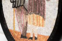 Intricate mosaic art piece featuring a stylized figure in muted tones with textured surface details and a circular frame