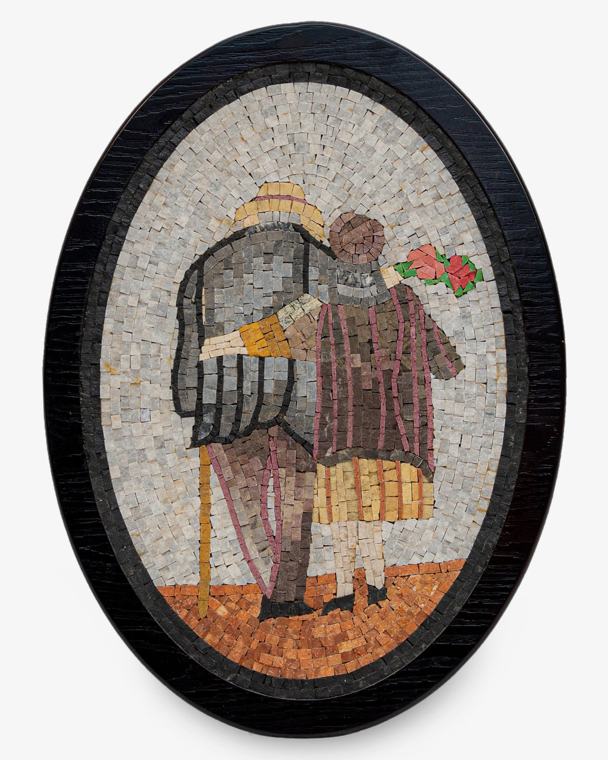 Intricate mosaic art piece depicting a couple embracing, crafted with various natural stone shades on a textured background.