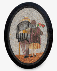 Intricate mosaic art piece depicting a couple embracing, crafted with various natural stone shades on a textured background.
