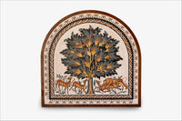 Intricately designed wooden wall art featuring a vibrant tree and wildlife, showcasing rich colors and detailed craftsmanship.