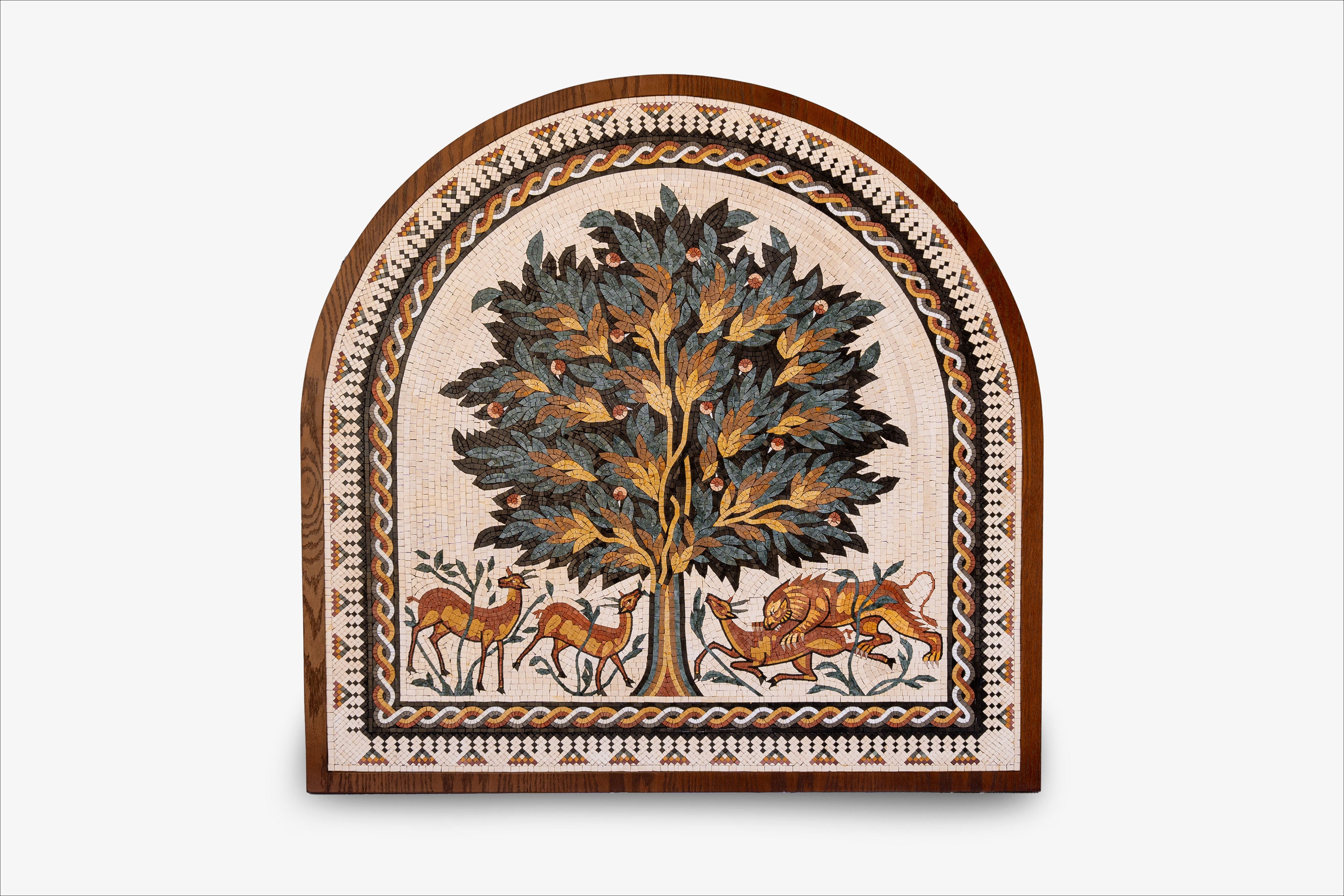 Intricately designed wooden wall art featuring a vibrant tree and wildlife, showcasing rich colors and detailed craftsmanship.