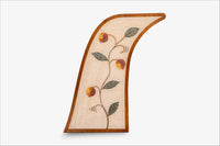 Elegant wooden wall art featuring a floral design with vibrant orange blossoms and green leaves on woven fabric.