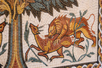 Intricate mosaic art featuring a lion chasing a deer, with vibrant orange and yellow hues against a textured background.
