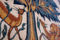 Intricate mosaic art featuring a vibrant tree surrounded by detailed animal motifs in earthy tones and textured tiles.