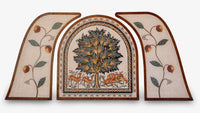 Intricate wooden wall art featuring a lush tree design with deer and horses — detailed craftsmanship and vibrant colors.