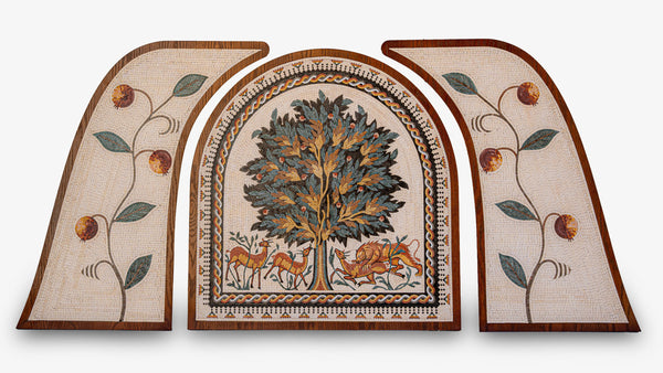 Intricate wooden wall art featuring a lush tree design with deer and horses — detailed craftsmanship and vibrant colors.