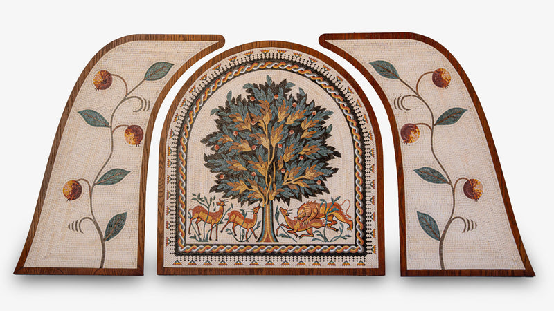 Intricate wooden wall art featuring a lush tree design with deer and horses — detailed craftsmanship and vibrant colors.